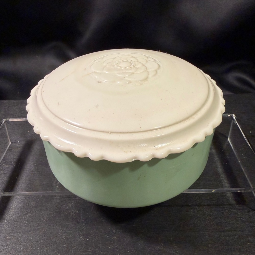 Vintage Jadeite Green Glass Powder Jar with UV Reactive Custard Floral Lid 5.5"